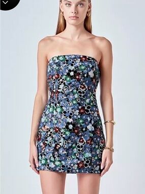 NWT Endless Rose Strapless Floral Sequin Mini Dress - Blue Multi Sz M